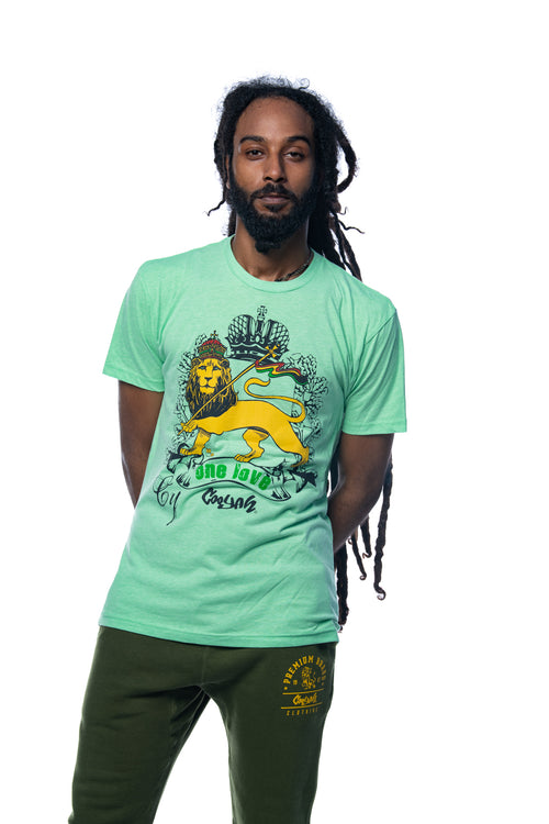 Cooyah Clothing.  Men's Lion Crown Rasta T-Shirt in green.  One Love.  Ringspun cotton, crew neck, short sleeve tee shirt.  Jamaica. IRIE