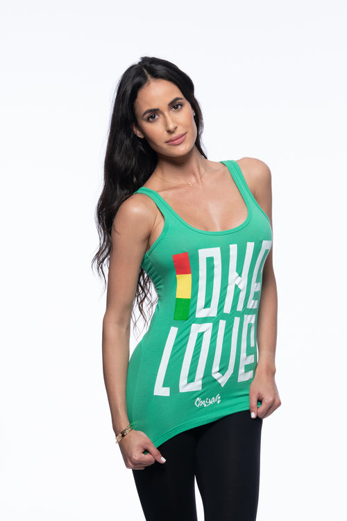 Cooyah Jamaica. Women's One Love Tank Top in green. Screen printed reggae style graphics in rasta colors. Jamaican clothing brand.