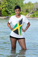 Cooyah Jamaica. Women's Jamaican Flag pennant Tee in white. Crew neck, ringspun cotton, reggae style apparel. IRIE.