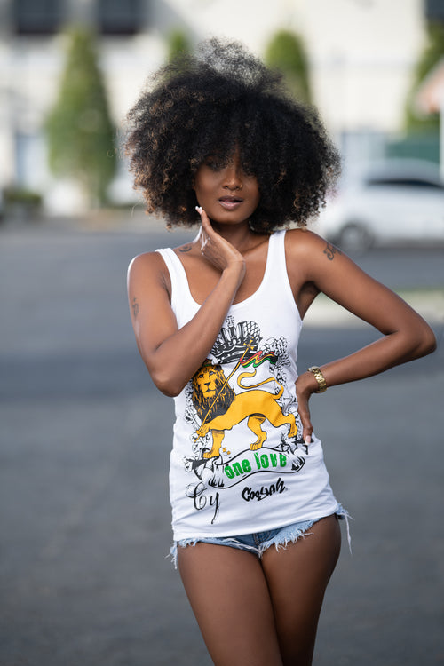 Cooyah Clothing. Women's Lion Crown One Love tank top. White with rasta colors. IRIE