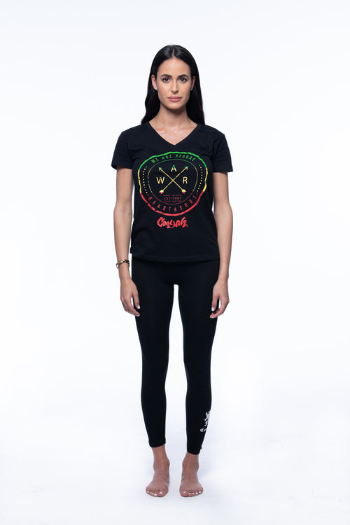 Cooyah Jamaica. We Are Reggae T-Shirt. Women's short sleeve, v-neck, tee with rasta colors graphics. Jamaican clothing brand. IRIE