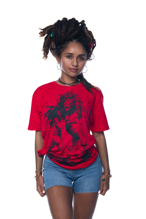 Cooyah Jamaica women's relaxed fit crew neck tee with Dread and Lion rasta graphic in red. As a Jamaican owned clothing brand since 1987, we take pride in bringing you this classic piece. Don't wait, get yours now at Cooyah.com
