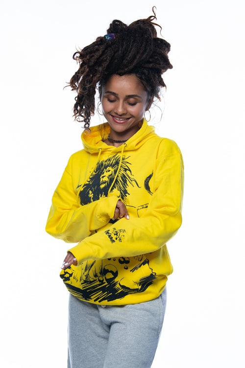 Cooyah rootswear women's yellow rasta hoodie with Dread and Lion graphic. Jamaican  owned streetwear clothing company since 1987.