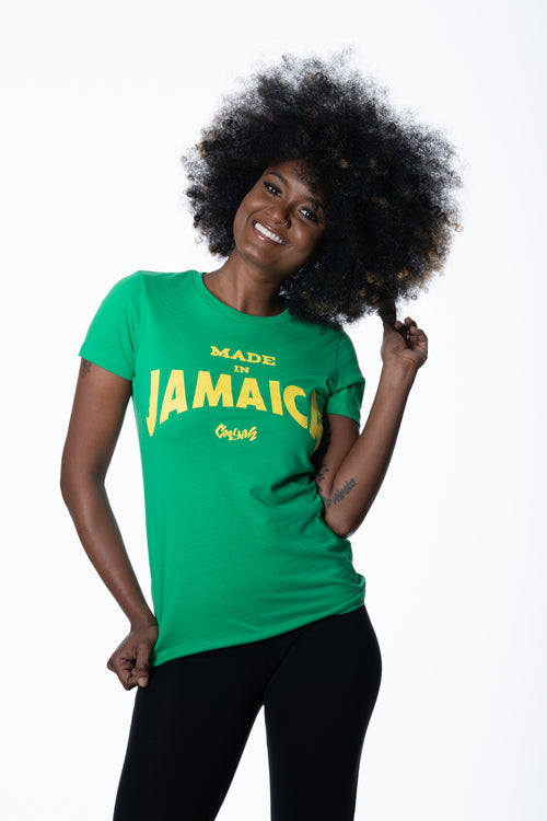 Cooyah Clothing Made in Jamaica women's fitted graphic tee with yellow screen print on soft 100% cotton fabric.