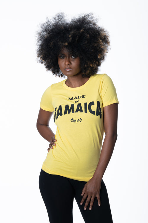 Cooyah Made in Jamaica tee with black graphic screen printed on the front.  As a Jamaican owned clothing brand since 1987, we take pride in bringing you this classic top.