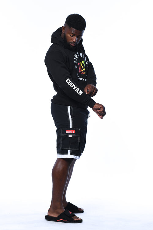 Cooyah Jamaica. Everything Irie Men's pullover black hoodie. Screen printed in rasta colors. Jamaican streetwear clothing.