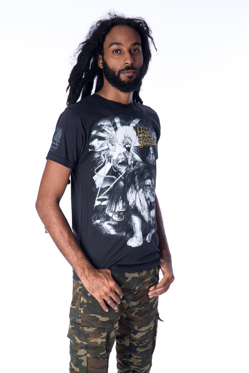 Cooyah Clothing. Haile Selassie King Rastafari men's graphic tee in black. Short sleeve, crew neck, screen printed on 100% ringspun cotton. Jamaican menswear. Rasta