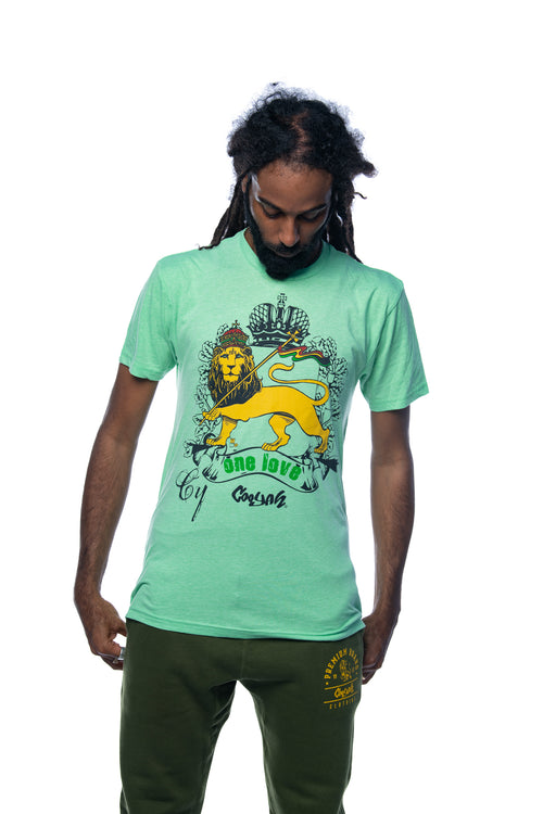 Cooyah Clothing. Men's Lion Crown Rasta T-Shirt in green. One Love. Ringspun cotton, crew neck, short sleeve tee shirt. Jamaica. IRIE