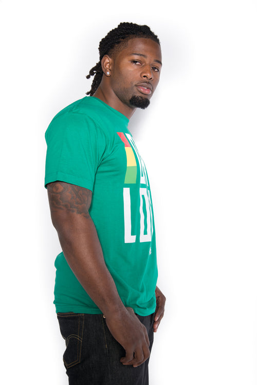 Cooyah Jamaica. One Love men's graphic tee in green. Crew neck, short sleeve, ringspun cotton screen printed in reggae colors. Jamaican clothing brand.