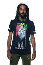 Cooyah Clothing.  Rasta Lion men's short sleeve tee.  Crew neck with reggae colors print and Hope and Pray design on the sleeves.  Jamaican streetwear clothing brand since 1987.