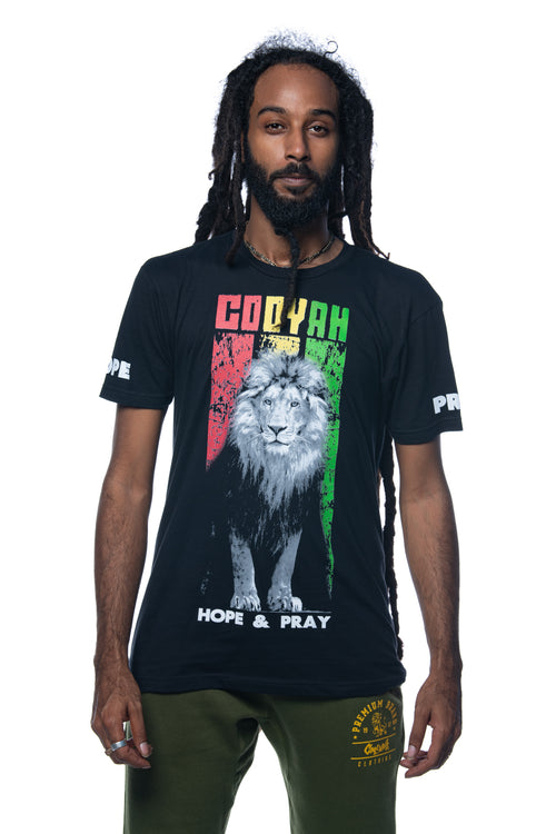 Cooyah Clothing.  Rasta Lion men's short sleeve tee.  Crew neck with reggae colors print and Hope and Pray design on the sleeves.  Jamaican streetwear clothing brand since 1987.
