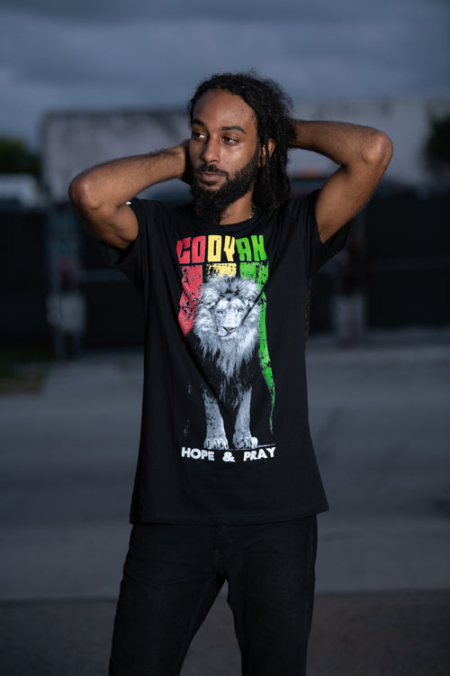 Cooyah Clothing. Men's Hope and Pray rasta lion graphic tee.  Shop Jamaican streetwear worldwide at cooyah.com