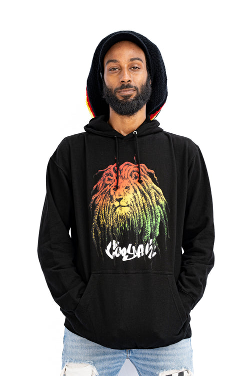 Cooyah Jamaica. Men’s Rasta Lion with dreads pullover hoodie.  Reggae rootswear with Jamaican streetwear style.  Irie