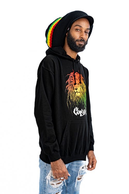 Cooyah Jamaica. Men’s Rasta Lion with dreads pullover hoodie. Reggae rootswear with Jamaican streetwear style. Irie