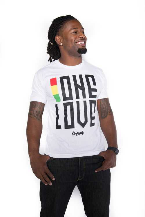 Cooyah Jamaica. One Love men's graphic tee in black. Crew neck, short sleeve, ringspun cotton screen printed in reggae colors. Jamaican clothing brand.
