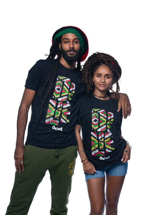 Cooyah Jamaica. One Love Africa Print graphic tee. Men's and women's short sleeve, ringspun cotton tee in black. Jamaican clothing brand.