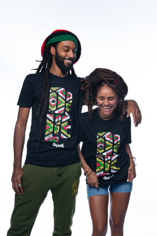 Cooyah Jamaica. One Love Afrobeat Print graphic tee. Men's and Women's short sleeve, ringspun cotton tee in black. Jamaican clothing brand.