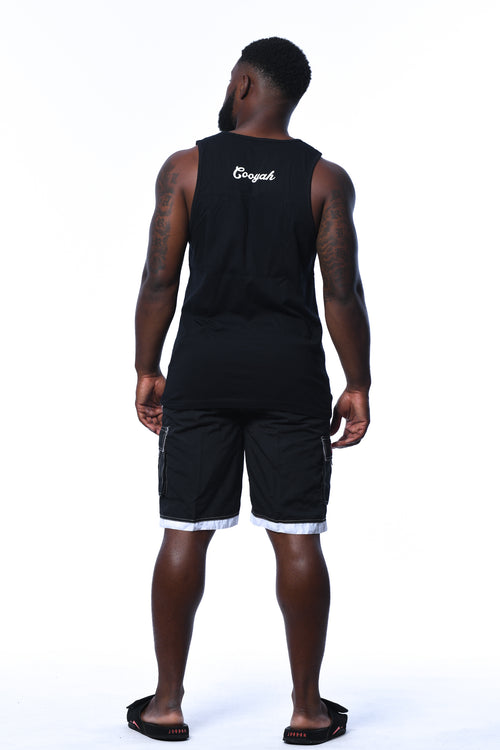 Cooyah Mens black tank top with screen printed graphic.