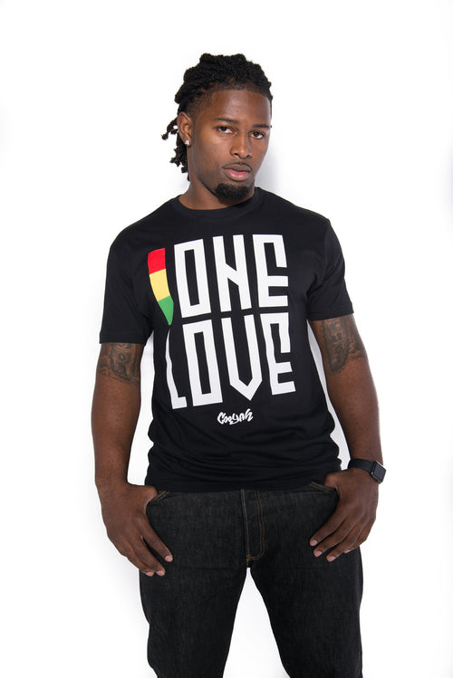 Cooyah Jamaica. One Love men's graphic tee in black Crew neck, short sleeve, ringspun cotton screen printed in reggae colors. Jamaican clothing brand.
