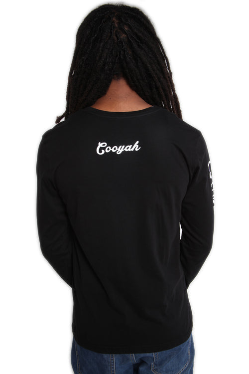 Cooyah Mens Long Sleeve graphic tee in black.  Soft 100% ringspun cotton.  Jamaican owned streetwear clothing brand since 1987.