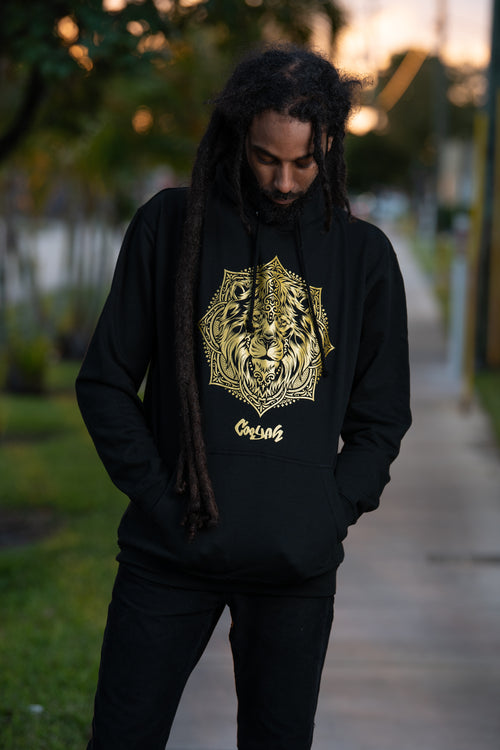 Cooyah Clothing black Lion Mandala hoodie with gold print.  Jamaican streetwear clothing.