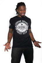 Cooyah Brand.  Men's black graphic tee with lion on the front and print on the sleeves.  Jamaican streetwear style.