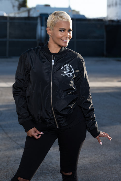 Cooyah Jamaica, Women's screen printed Premium Brand Lion Bomber Jacket in black. Jamaican streetwear clothing since 1987.