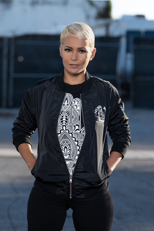 Cooyah Jamaica, Women's Premium Brand Lion Bomber Jacket in black. Jamaican streetwear clothing.