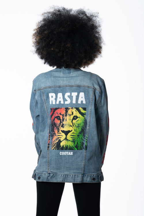 Cooyah Jamaica.  Women's Denim Jean Jacket with Rasta Lion graphics.  Jamaican rootswear clothing.
