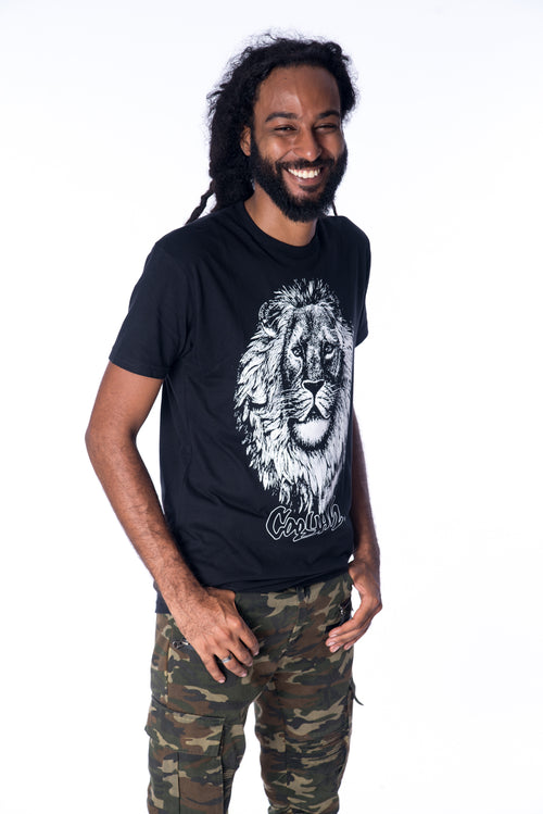Happiness is a Cooyah Rasta Lion Graphic Tee screen printed on a soft, 100% ringspun cotton black crew-neck t-shirt.  IRIE