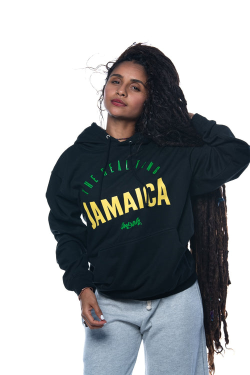 Cooyah clothing. Women's Jamaica Pullover Hoodie.  Featuring screen printed graphics in Jamaican colors, kangaroo pocket, and matching drawstrings.