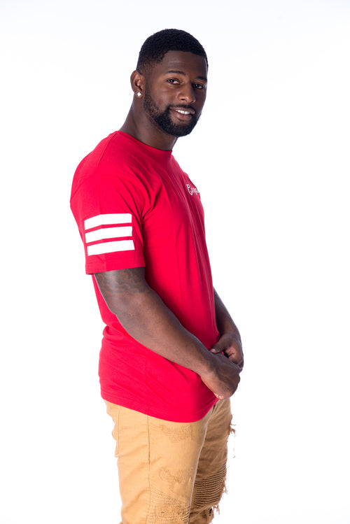 Cooyah Mens graphic tee with stripe sleeve print.  We are a Jamaican owned clothing brand established in 1987.