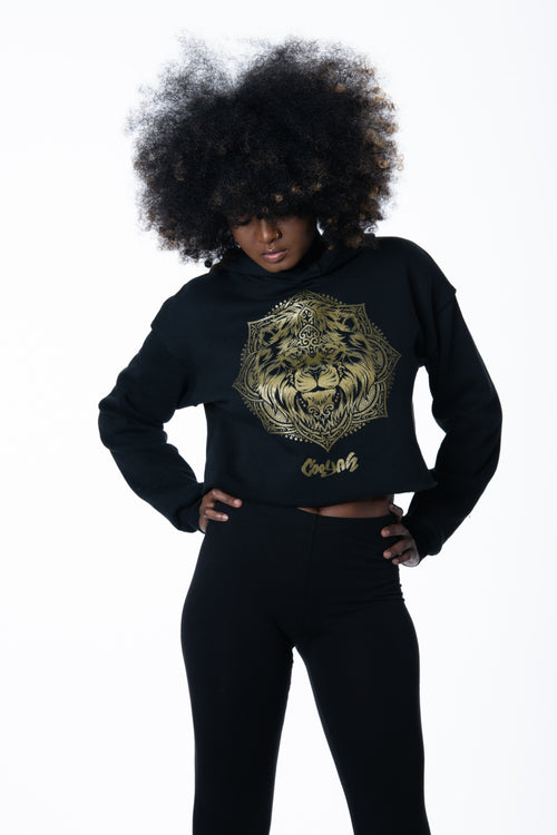 Cooyah Jamaica. Women's black Lion Mandala cropped hoodie with metallic gold print. Jamaican clothing brand.