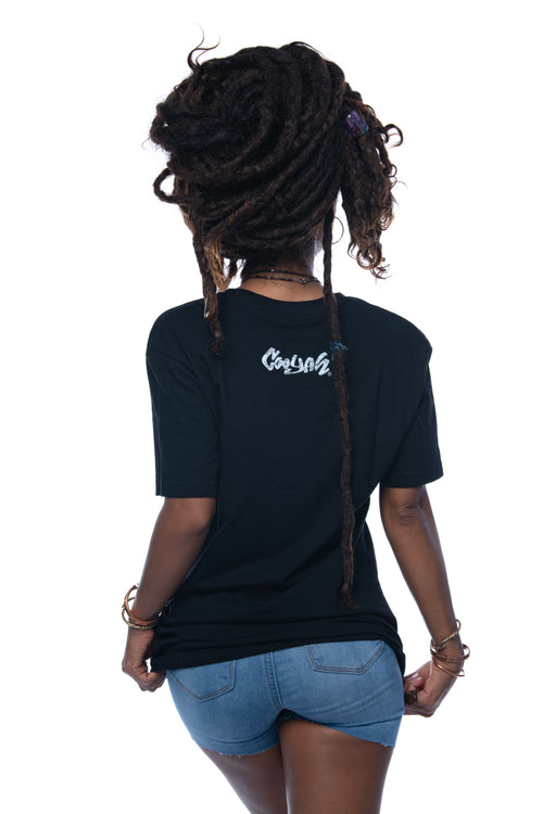 Cooyah Women's black reggae graphic tee. One Love