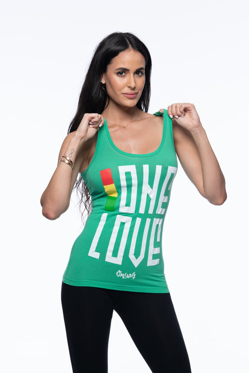 Cooyah Jamaica. Women's One Love Tank Top in green. Screen printed reggae style graphics in rasta colors. Jamaican clothing brand since 1987.