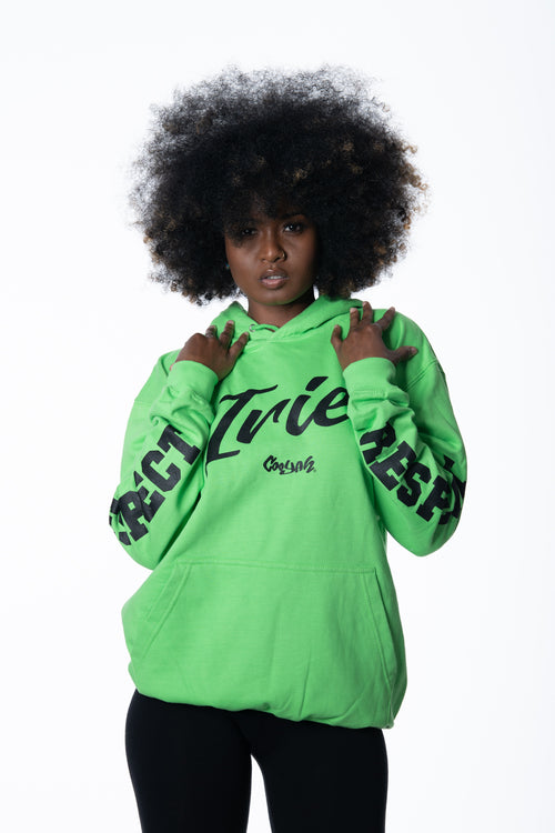Cooyah Jamaica. Women's Irie lime green pullover hoodie. The word RESPECT is screen printed on the sleeves. Jamaican reggae clothing.
