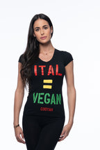 Cooyah Jamaica graphic tee in black. Women's v-neck, short sleeve t-shirt. Jamaican clothing brand.  Ital Equals Vegan