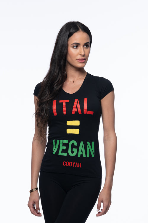 Cooyah Jamaica graphic tee in black. Women's v-neck, short sleeve t-shirt. Jamaican clothing brand. Ital Equals Vegan