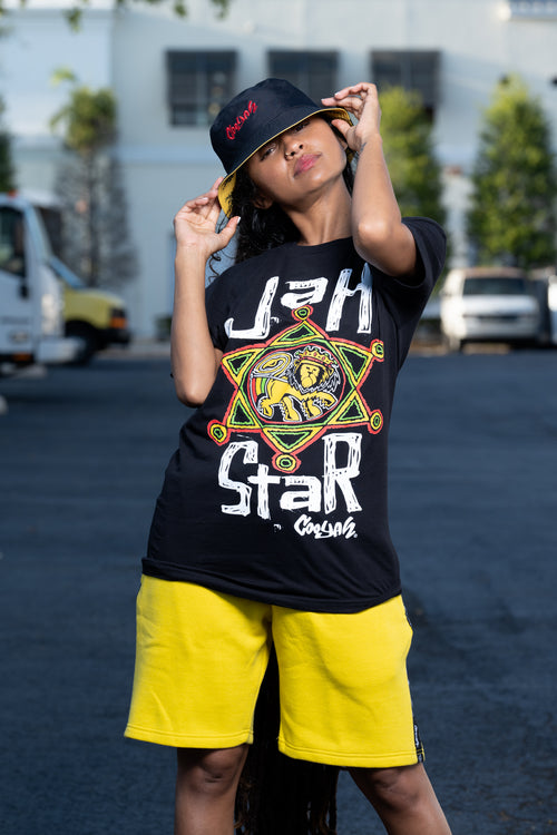 Cooyah Jah Star relaxed fit tee with screen printed rasta lion graphics.  Jamaican streetwear clothing available worldwide online and stores in Jamaica.