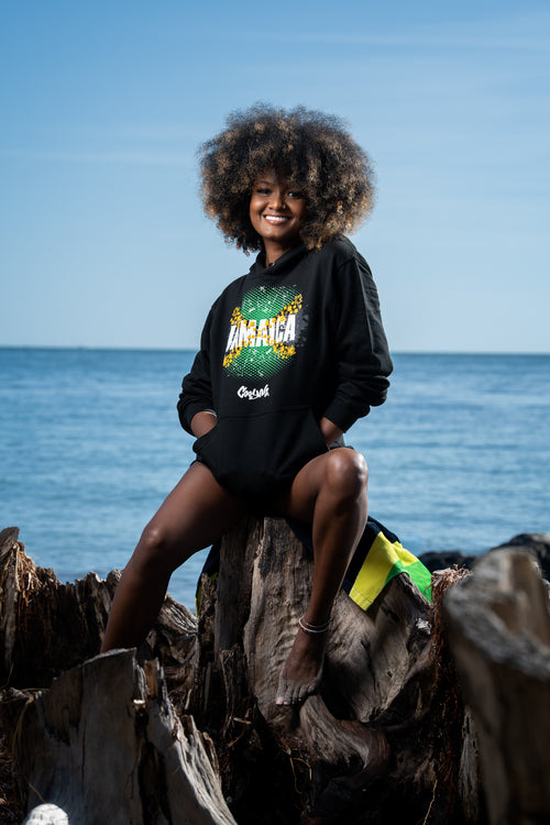 Cooyah Jamaica women's hoodie in black. Featuring a Jamaican Flag graphic.  IRIE.  Caribbean fashion style.