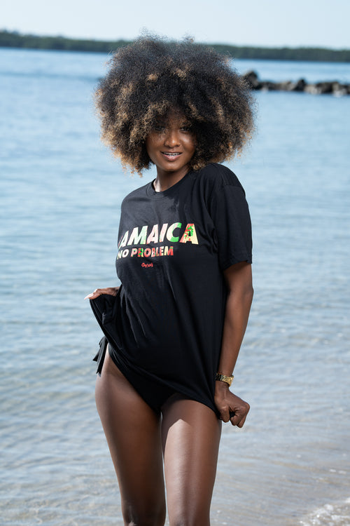 Cooyah Clothing Jamaica No Problem women's boyfriend fit tee in black. Reggae style design on a short sleeve rinspun cotton t-shirt. Jamaican beachwear. IRIE