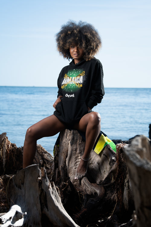 Cooyah Jamaica women's hoodie in black. Featuring a Jamaican Flag graphic.   Caribbean clothing brand.  IRIE
