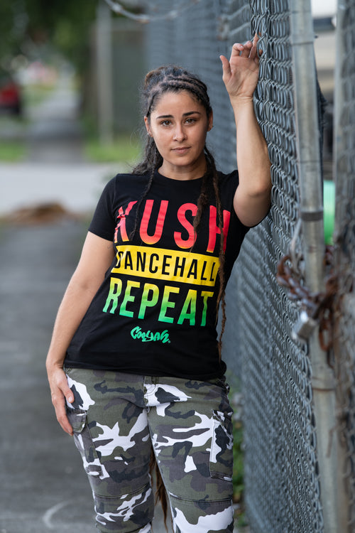 Cooyah Jamaica.  Women's Kush, Dancehall graphic tee in black.  Screen printed with rasta colors design.  Jamaican Clothing Brand.  IRIE
