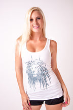 Cooyah Jamaica. Lion Sparkle women's tank top in white. Ringspun cotton. Rasta Dreads Design. Jamaican clothing brand.