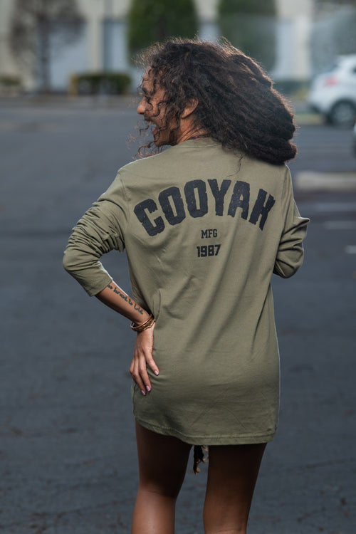 Cooyah Jamaica. Women's long sleeve Rasta Lion olive green Tee Shirt, Ring Spun, Crew Neck, Jamaican streetwear clothing -ear JaReggae Style, IRIE