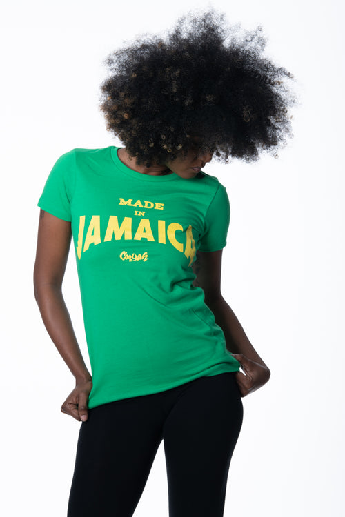 Cooyah Clothing. Made in Jamaica women's green graphic tee with yellow print. Ringspun cotton, short sleeve, crew neck t-shirt. Jamaican clothing brand.