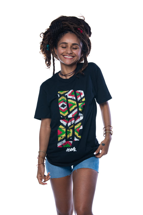 Cooyah Jamaica. One Love African Print graphic tee. Women's short sleeve, ringspun cotton tee in black. Jamaican clothing brand.