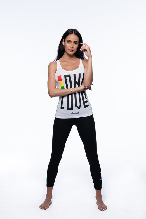 Cooyah Jamaica. Women's One Love Tank Top in white. Screen printed reggae style graphics in rasta colors. Jamaican clothing brand.