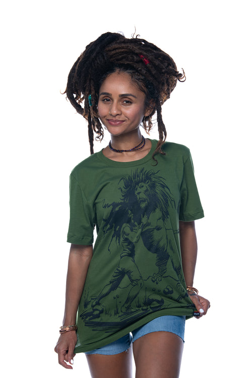 Cooyah Clothing women's crew neck relaxed fit tee with Dread and Lion rasta graphic in green. Jamaican rootswear clothing since 1987. IRIE