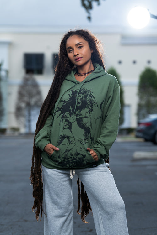 Cooyah rootswear women's rasta hoodie with Dread and Lion graphic in olive green. Jamaican streetwear clothing since 1987.  IRIE